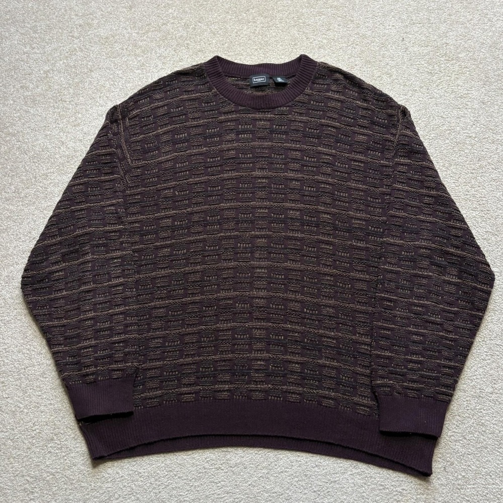 Vtg Haggar Sweater Mens 2XL Brown Burgundy Knit‎ Crewneck Made USA Geometric